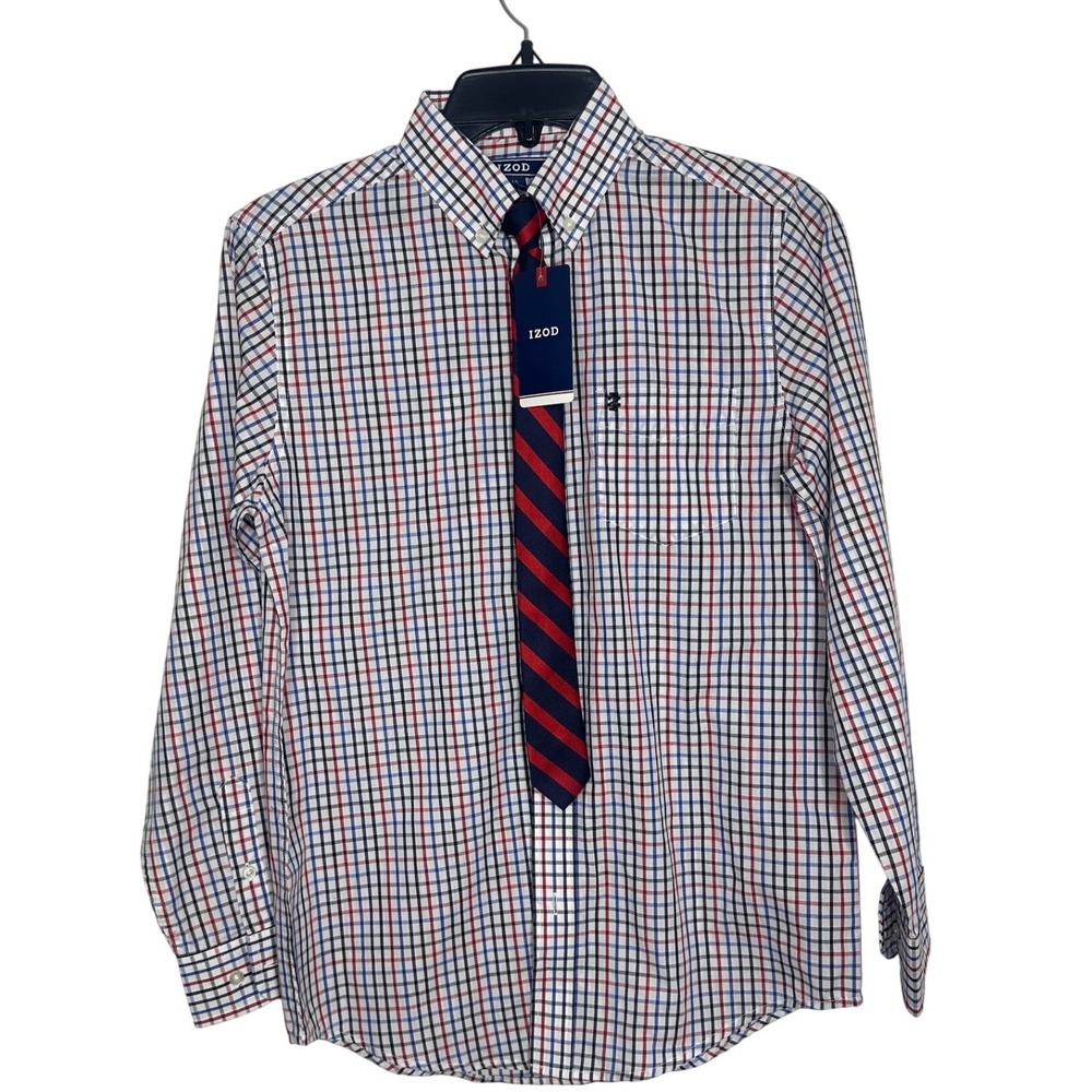 Izod Boys Long Sleeve Button Down Plaid Shirt With Tie Size 16‎ Regular NWT